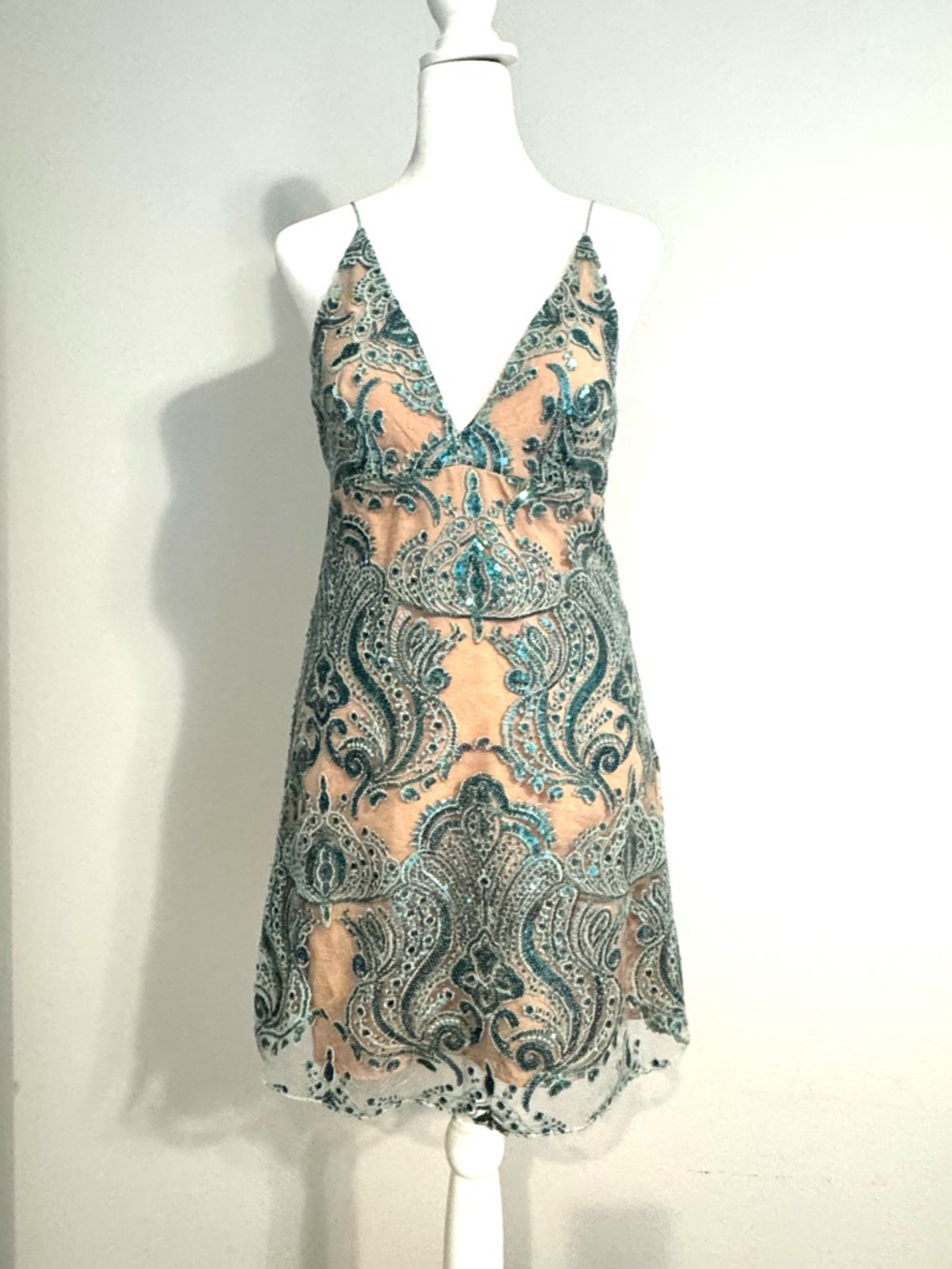 Free People Teal and Nude Paisley Embroidered Mini Dress